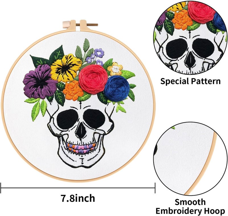 Nuberlic 3 Pack Halloween Skull Embroidery Kit for Adults Beginner Cross Stitch Kits for Starters with Skull Patterns Include 3 Hoop Cloth Thread Needles and Instructions - Image 4